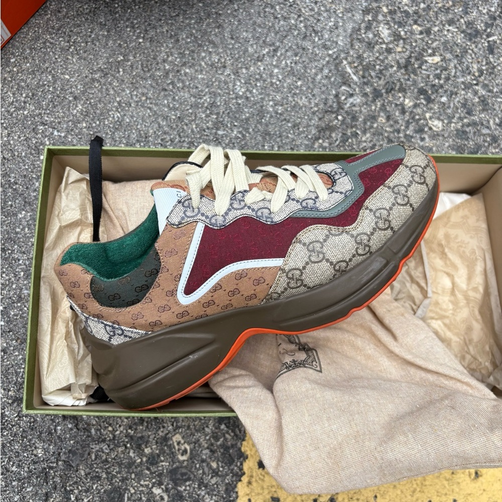 Gucci Beige and Burgundy Monogram Sneakers